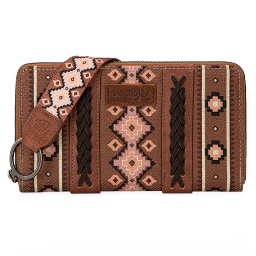 Wrangler Wallet Purse for Women Western Aztec Clutch Wristlet Wallet with Credit Card Holder, Dark Brown, Wallet