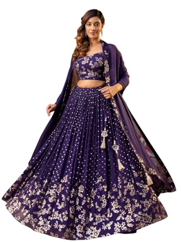 Zeel Clothing Women's Sequins and Thread Embroidered Work Georgette Lehenga Choli With Dupatta (6015-Purple-Women-Lehenga-Choli; Free size)