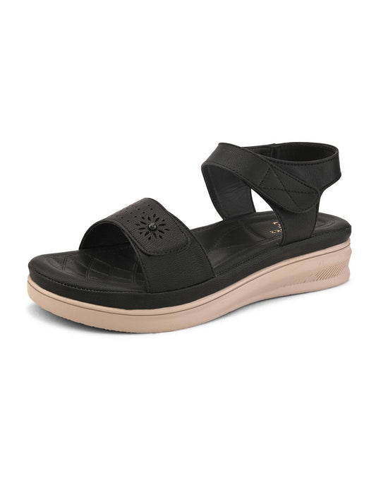 XE Looks Women's Black Comfort Stylish & Trendy Sandal with Perforated Strap & Adjustable Back Closure