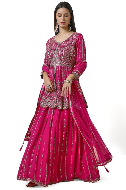 Soch Womens Fuchsia Georgette Embroidered Leaf Neck Padded Lehenga Choli