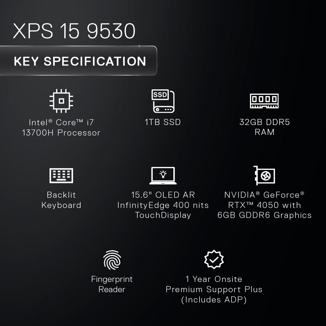 Dell Xps 9530,Intel Evo Platform Powered by Intel Core I7-13700H Processor/32Gb/1Tb Ssd/Nvidia RTX 4050 + 6Gb Gddr6/15.6" OLED Ar Infinity Edge 400 Nits Touch/Backlit Kb/Silver/1.86Kg-Windows 11 Home