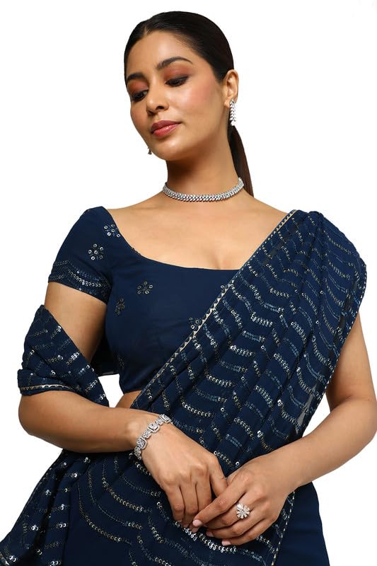 Soch Womens Blue Sequin Embellished Georgette Saree