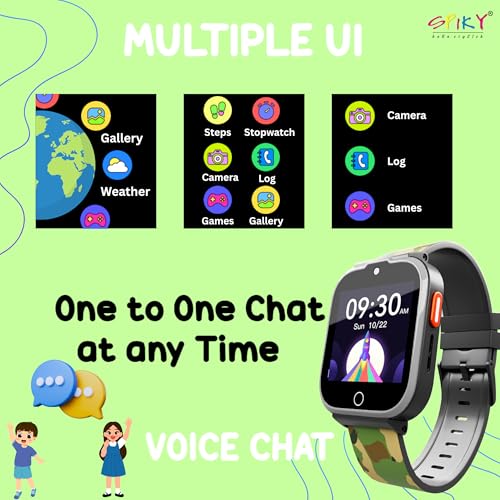SPIKY 4G Kids Smart Watch with Video Calling, GPS Tracker, WiFi & SIM Support | Calling Smartwatch for Boys & Girls | SOS, Safe Zone, IP67 Waterproof, Camera, Pedometer (Camo Green)