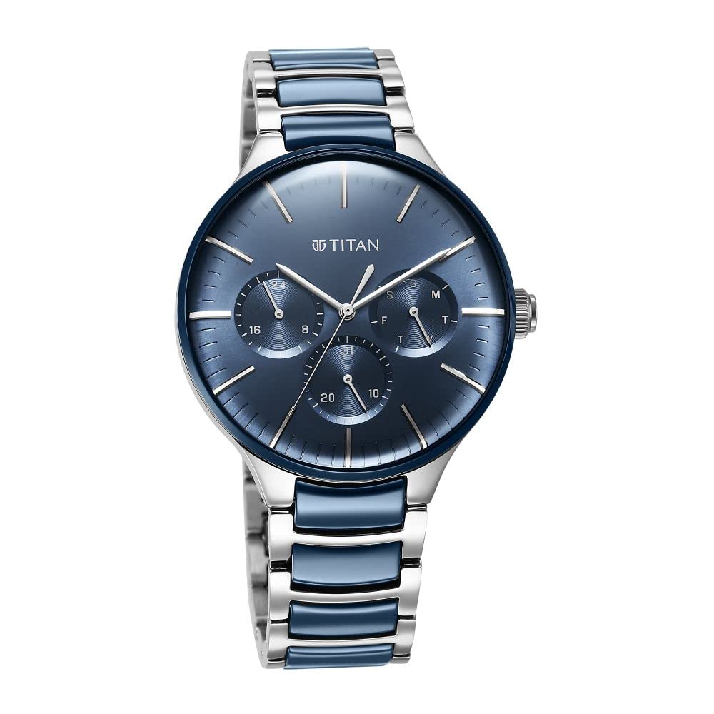 Titan Ceramic Fusion Quartz Multifunction Midnight Blue Dial Two Toned Silver and Metallic Blue Stainless Steel Bracelet Watch for Men - NT90148KD02