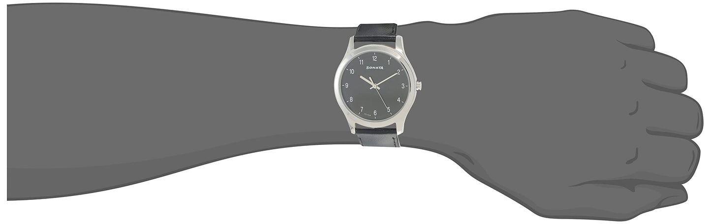 Sonata Quartz Analog Black Dial Leather Strap Watch for Men-NS7135SL02