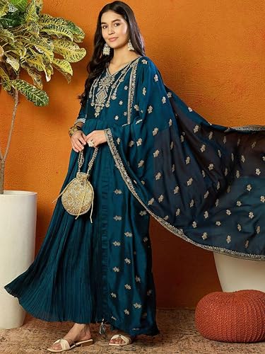 TRENDMALLS Women's Vichitra Silk Embroidery Salwar Suit Set Anarkali Kurta Set with Dupatta (G329-Morpeach-S)