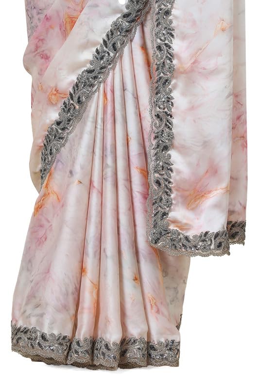 Soch Womens Pink Crepe Abstract Print Saree Zardosi Lace Border