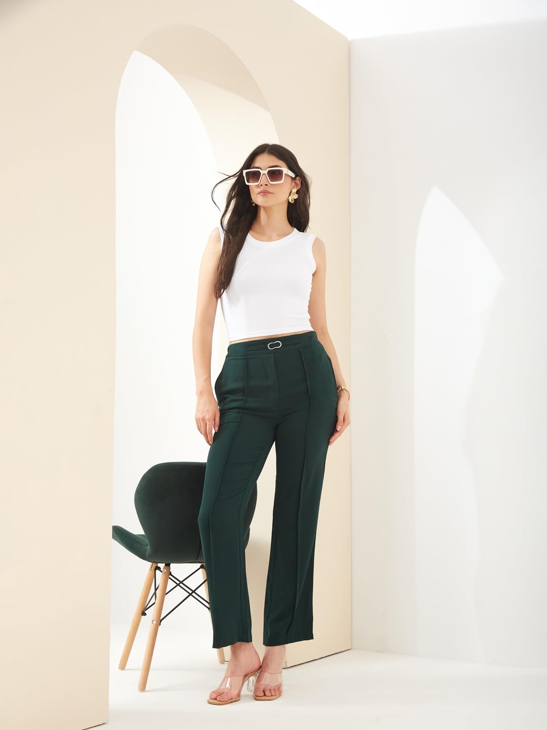 Latin Quarters Women Green Straight Fit Solid High Rise Casual Trouser_S