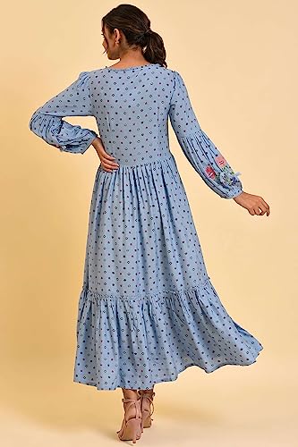 W for Woman Women's Rayon Light Blue Printed Tiered Long Dress Ankle Length 23FEW18840-810336