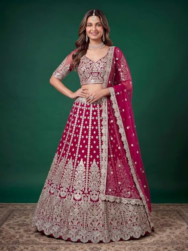 Zeel Clothing Women's Zari Sequins Embroidered Work Soft Net Lehenga Choli With Dupatta (6013-Pink-Womens-Lehenga-Choli-New; Free size)