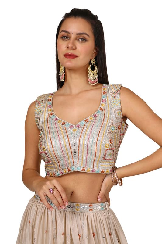 Soch Womens Beige Chinon Blend Embroidered Ghagra Choli With Sequins