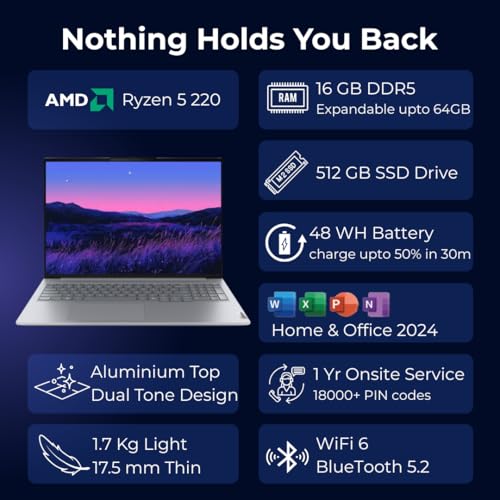 Lenovo Smartchoice ThinkBook 16, AMD Ryzen 5 220 (Coequal R5 8540U), 16GB RAM, 512GB SSD, WUXGA IPS 16” (40.64cm), Win11 Home, Arctic Grey, 1.7Kg, 21UTA01JIG, FPR, Backlit, 400Nits, 1Y Warranty,Laptop
