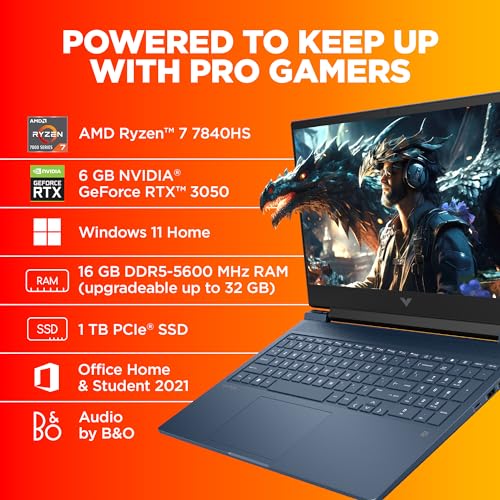 HP Victus, AMD Ryzen 7 7840Hs, 6 GB RTX 3050 AI Gaming Laptop (16GB DDR5, 1TB SSD) 144Hz, IPS, 16.1"/40.9cm, FHD, Win 11 Home, MS Office, Blue, 2.29kg, RGB Backlit KB, B&O, S0089Ax