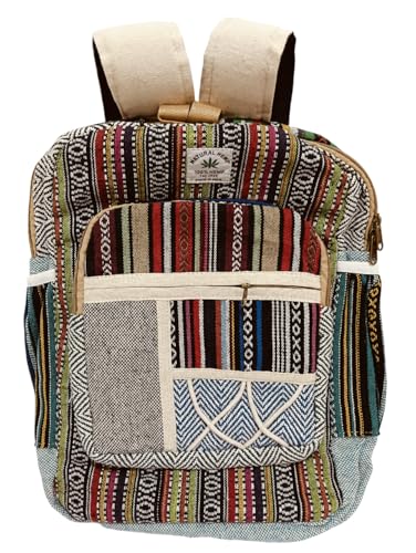 Kedar Kripa Hemp Pitthu Travel Bag Natural Hemp Material, Multicolor Striped Pattern, 3 Pocket Zipper Washable Bag For Man Woman And Boys Girls | Collage Bag Size H15 X L10 X W5 Inches