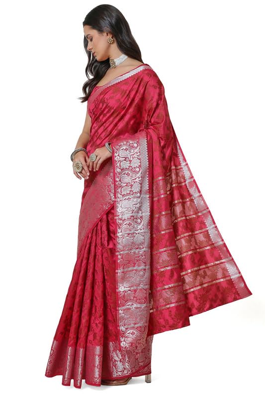 Soch Womens Pink Art Silk Floral Saree with Silver Zari Border