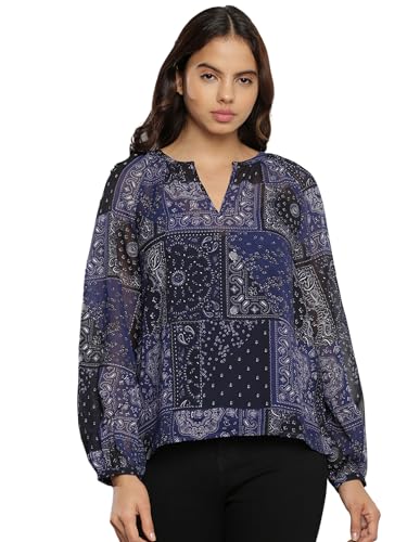 Tommy Hilfiger Navy Blue Polyester Printed V-Neck Full Sleeves Regular Fit Women Blouse (F23HWWT014) Size-L