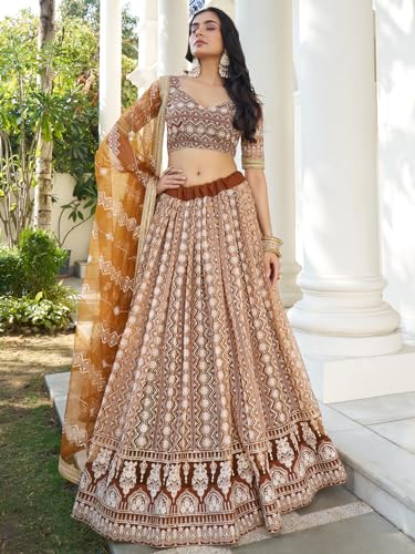 Zeel Clothing Women's Thread Sequins Work Embroidery Net Lehenga Choli with Dupatta (2132-Brown-Wedding-Women-Lehenga-Choli; Free Size)