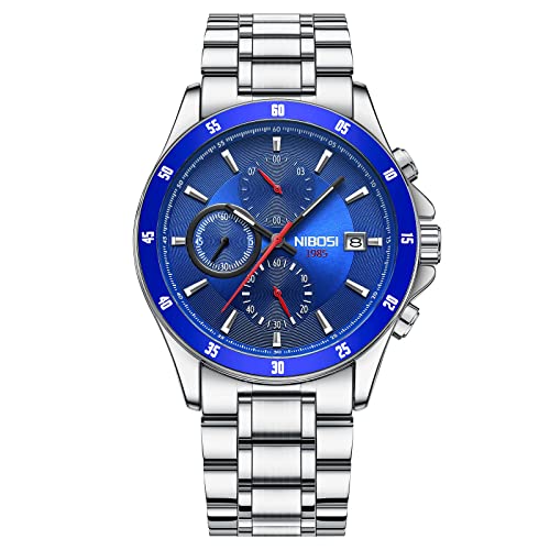 NIBOSI Ultra-Thin Minimalist Fashion Quartz Analog Sleek Mesh Stainless Steel Waterproof Chronograph Watch For Men With Auto Date Wrist Watch Boy's Husband Steel Strap (Blue)