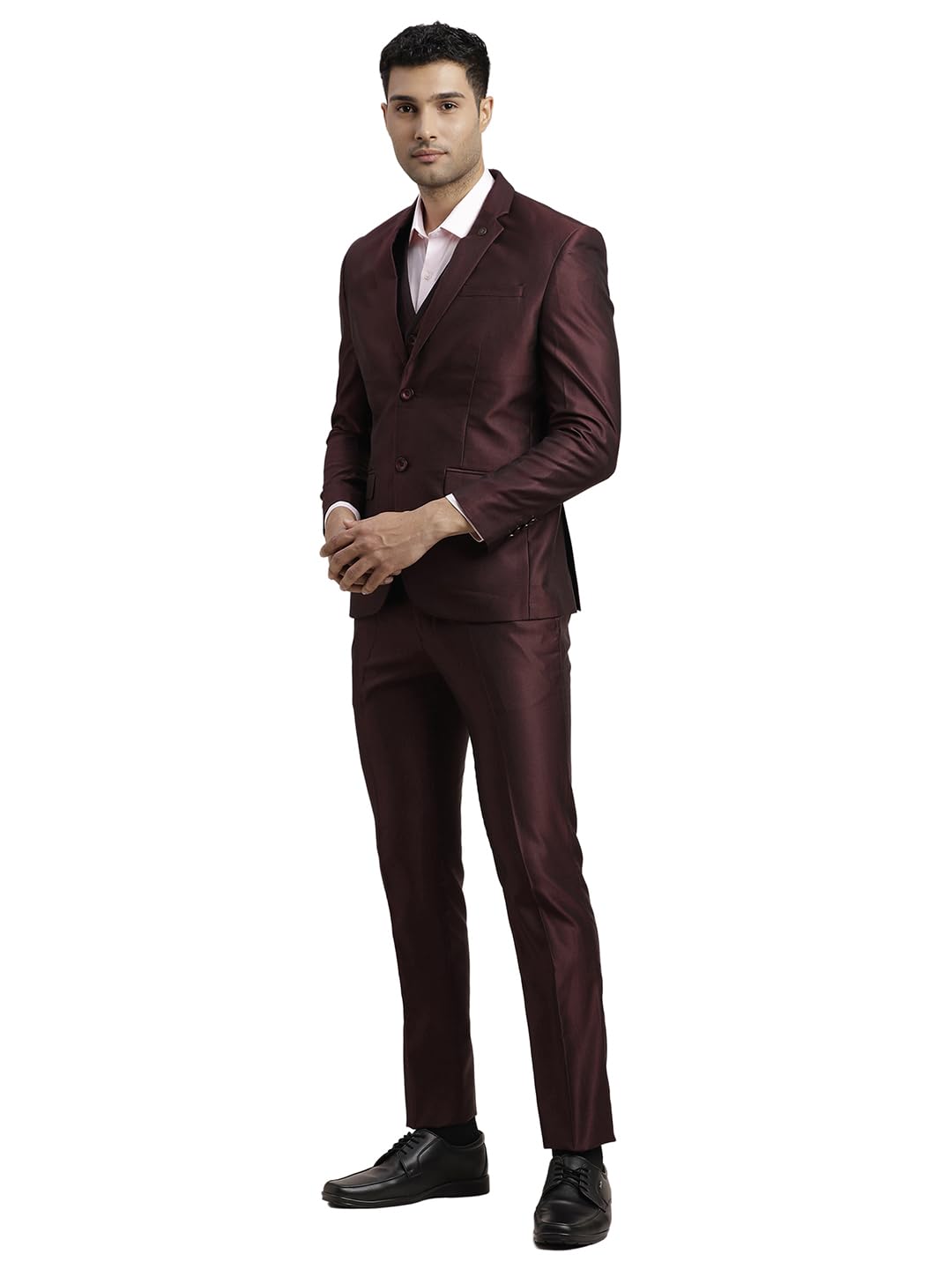 Turtle Men Poly-Viscose Dobby Print Full Sleeve Three Piece Brown Party Suit