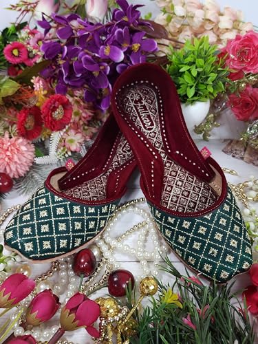 Fulkari Women Green Lotus Gold Casual Genuine Soft Leather Jutis | Bite and Pinch Free Juttis | Punjabi Jutti | Girl's Office Flat Ladies Mojari | dailywear Ethnic Juti | 37