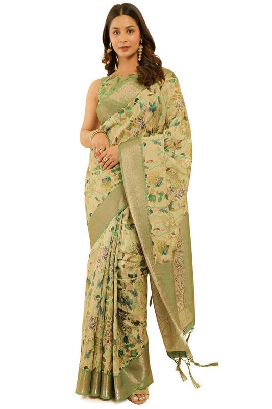 Soch Womens Light Green Floral Print Chanderi Jacquard Saree