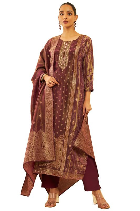 Soch Womens Wine Tissue Silk Blend Woven Design Suit Set With Zardosi Work