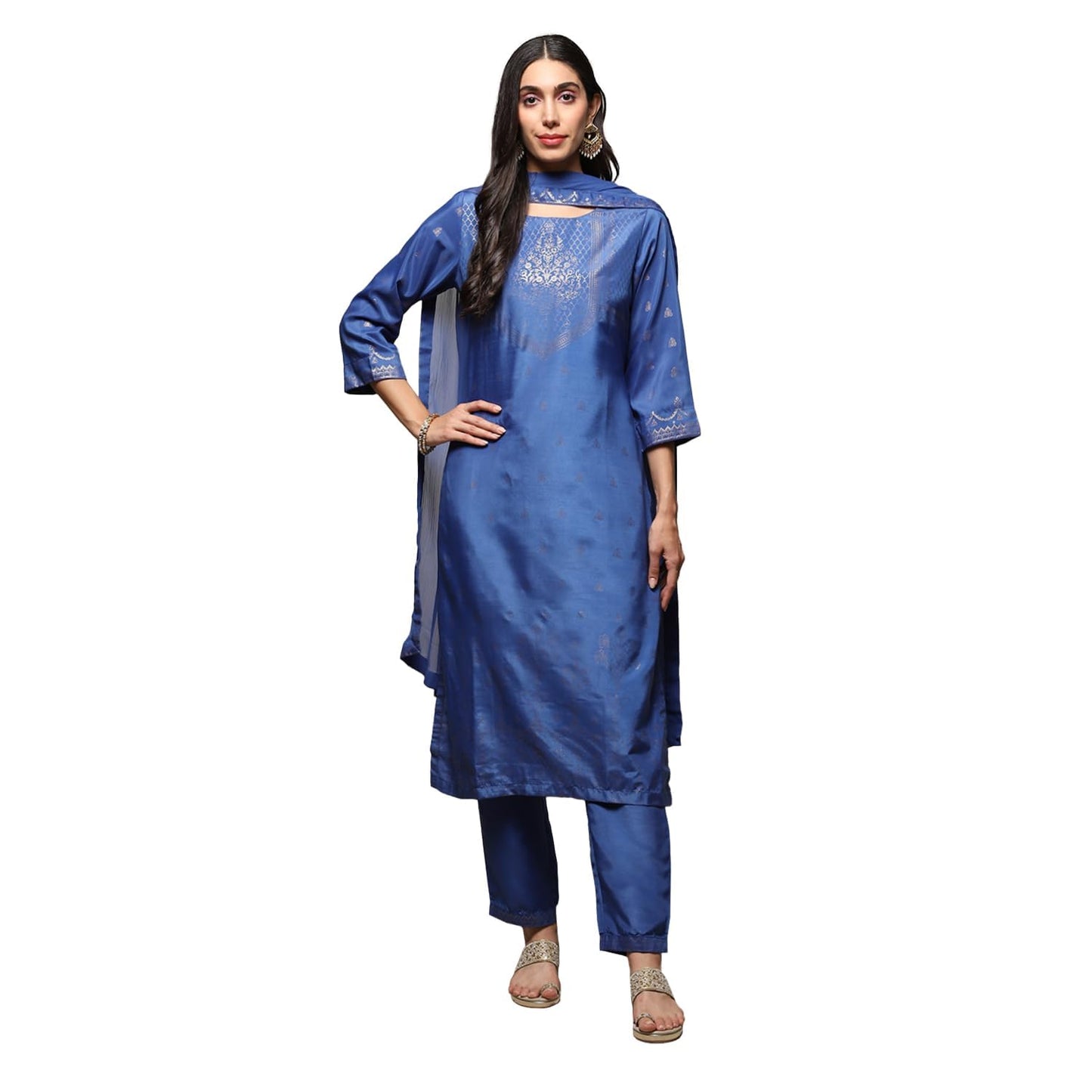 BIBA Women Printed Narrow Polyester Salwar Kurta Dupatta(Skdassorted7666E_Blue_36)