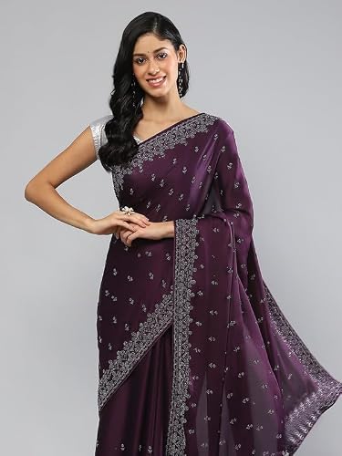 Meena Bazaar Purple Embellished Satin Saree With Blouse Piece