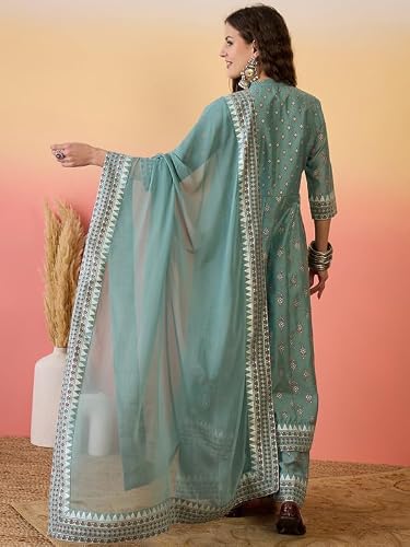 AVYUKTHA Silk Kurta Palazzo & Dupatta Set For Womens | Regular Fit | 3/4 Sleeve | V Neck | Printed Embroidery | Lightweight & Comfortable | Ethenic Dress | Ideal For Weddings & Parties | M | Teal