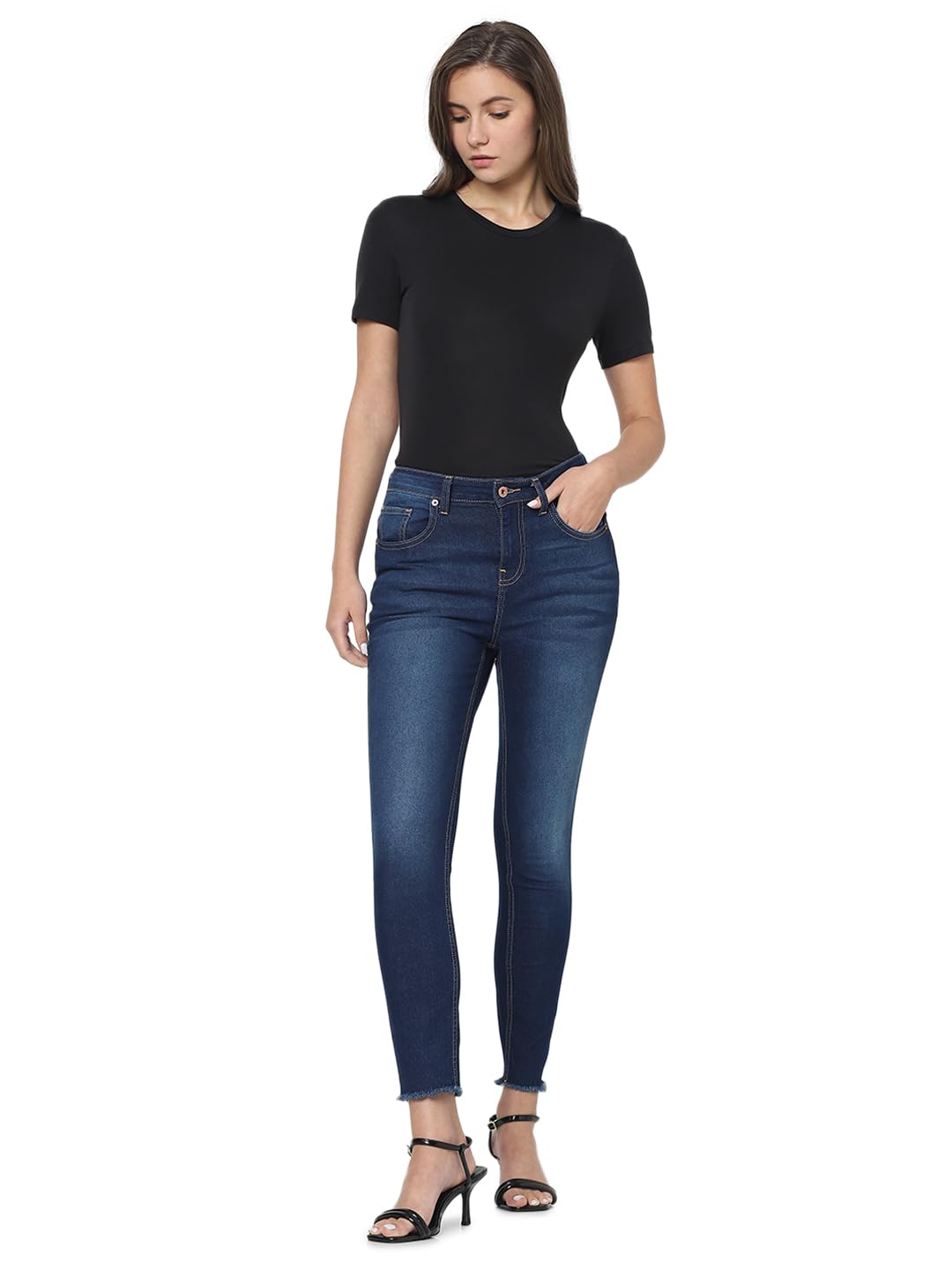 VERO MODA Women Solid Blue Cotton Skinny Fit Ankle-Length High-Rise Jeans