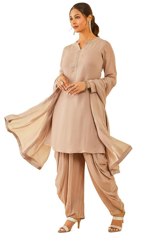 Soch Womens Beige Embellished Georgette Suit Set with Dupatta