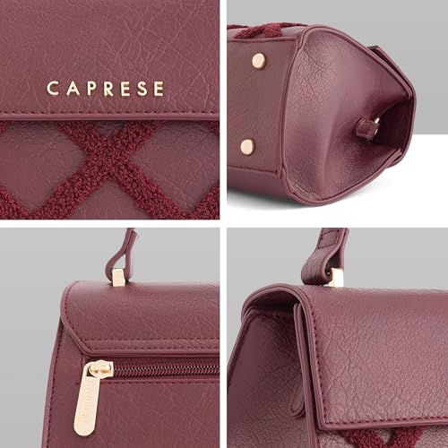 Caprese Athena Small Chenille Embroidery Faux Leather Satchel for Women | Elegant Multi-Compartment Shoulder Handbag with Adjustable & Detachable Strap | Premium Magnetic Button Closure (Cherry)