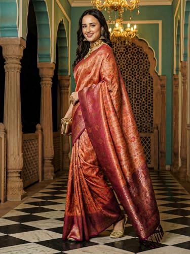AKHILAM Women's Pink Kanjeevaram Silk Ethnic Motif Printed Saree With Unstitched Blouse Piece (23ALEKHA2303_AI)