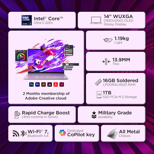 Lenovo Yoga Slim 7 Aura Edition Intel Core Ultra 5 226V,Copilot+ AI PC(16GB RAM/1TB SSD/14(35.5cm)/WUXGA OLED/40 Tops/Windows 11/Office Home 2024/1Yr ADP Free/Grey/1.19Kg), 83JX005FIN AI Laptop