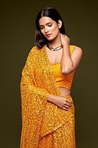 Zeel Clothing Women's Yellow Sequins Work Heavy Georgette Saree with Blouse (1009-Honey-Yellow-Sequins-Party-Saree, Honey Yellow)