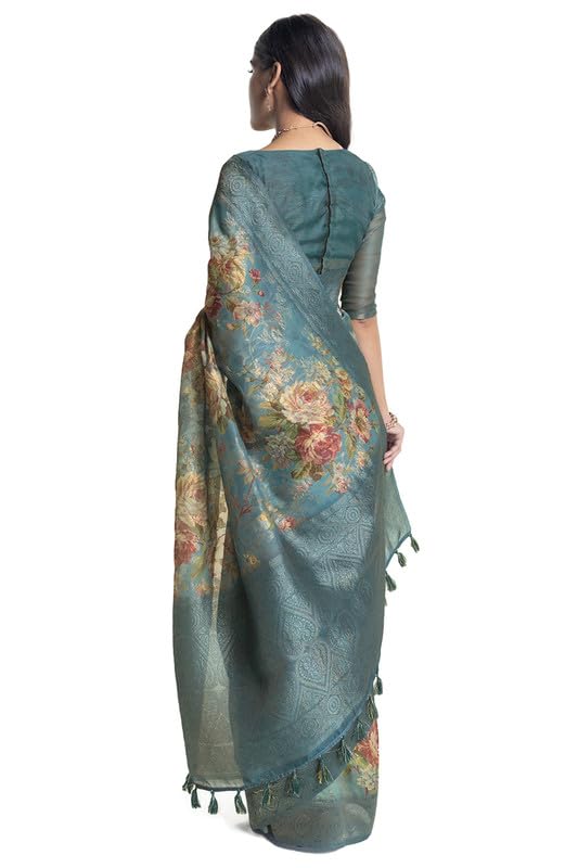 Soch Womens Teal Chanderi Floral Print Saree With Tassels