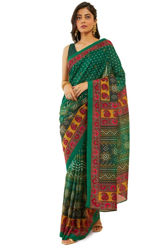 Soch Womens Green Bandhani Print Art Silk Saree