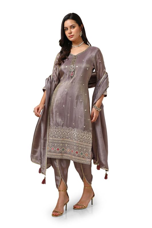 Soch Womens Grey Tissue Suit Set With Stones And Sequins