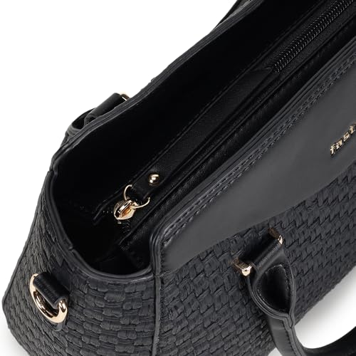 Fastrack Noir Gridelle Satchel Handbag for Women | Premium Faux Leather Weave Design | Black Structured Satchel with Zipper Closure | Dual Compartment with Organizer Pockets