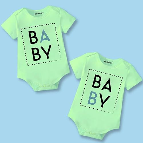 Knitroot Twins Special Romper, Unisex Baby Kids Twin Onesies, Half Sleeve Bottom Snap Button, Green Cotton Bodysuit, Sleepsuit, Baby, 9-12 Months, for Twin Baby Boys & Girls