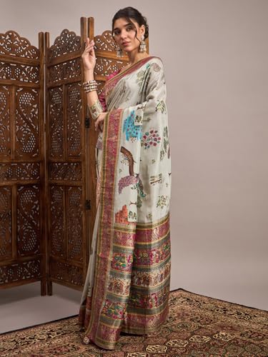 AKHILAM Women's Grey Viscose Silk Botanical Printed Saree With Unstitched Blouse Piece (MSTANI162B_HS)