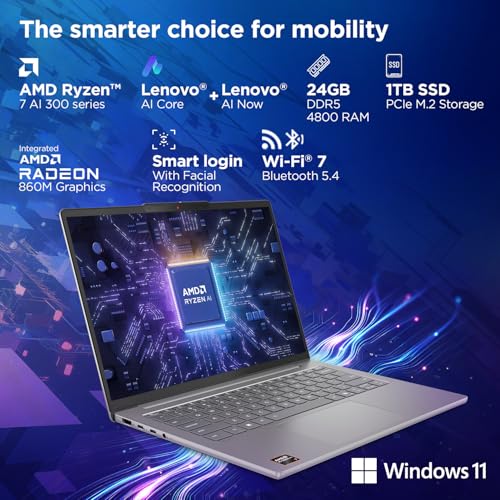 Lenovo IdeaPad Slim 5 AMD Ryzen AI 7 350 (24GB RAM/1TB SSD/14 (35.5cm)/WUXGA OLED/Lenovo AI Now/Copilot+ PC/Windows 11/MSO 365 Basic+Office 2024/1Yr ADP Free/Grey/1.4Kg), 83HX00A5IN AI Laptop