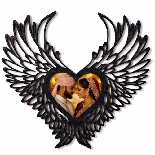 MP Personalized Heart Shape Photo Frame with Angel Wings, Black, Wall Decor, Wedding Couple Gift