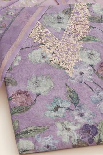 Soch Womens Lavender Chanderi Foil Print Unstitched Dress Material With Zari