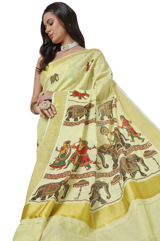 Soch Womens Cream Tissue Kasavu Saree