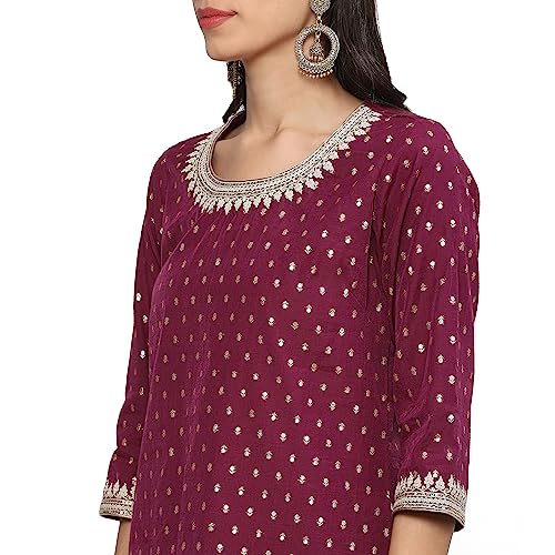 BIBA WOMEN YARNDYED RELAXED SALWAR KURTA DUPATTA(SKDBANARAS8142_WINE_32)