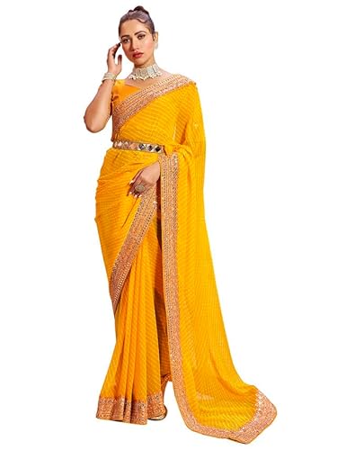 Satrani Women's Georgette Printed & Embroidery Lace Saree with Unstitched Blouse Piece (3463S236N_Yellow)