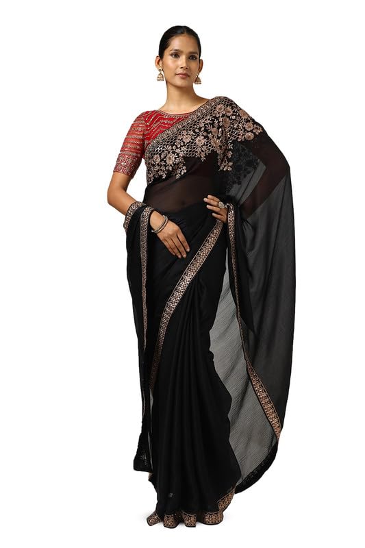 Soch Womens Black Chiffon Embroidered Saree With Sequins