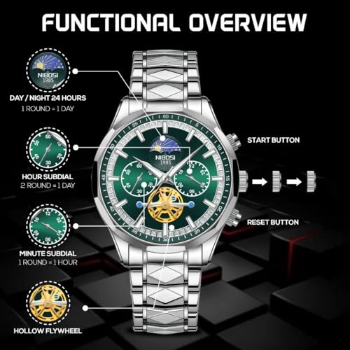 NIBOSI Chronograph Fly Wheel Watch For Men Analog Quartz Dress Diamond Business Stainless Steel Watches Date Luxury Men's Wristwatch|Birthday Gift For Men|Gift For Husband,Brother (Silver-Green)