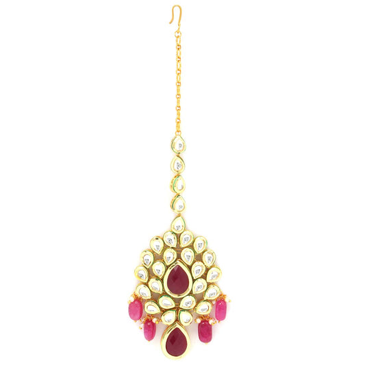 Yellow Chimes Traditional Gold Plated Kundan Studded Pink Moti Designer Ethnic Maang Tikka for Women and Girls